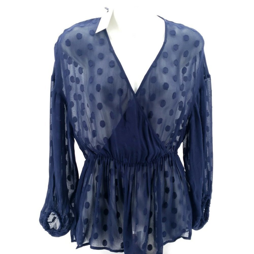 NWT SPARKZ COPENHAGEN Sheer Blue Polka Dot Wrap Neckline Top Blouse XS